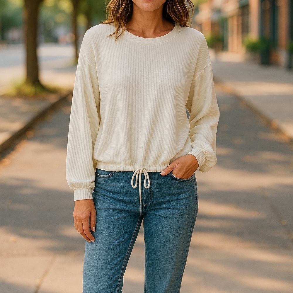 Full Circle Women Plus sz 3X Light Cream Ribbed Knit Long sleeve Drawstring Top